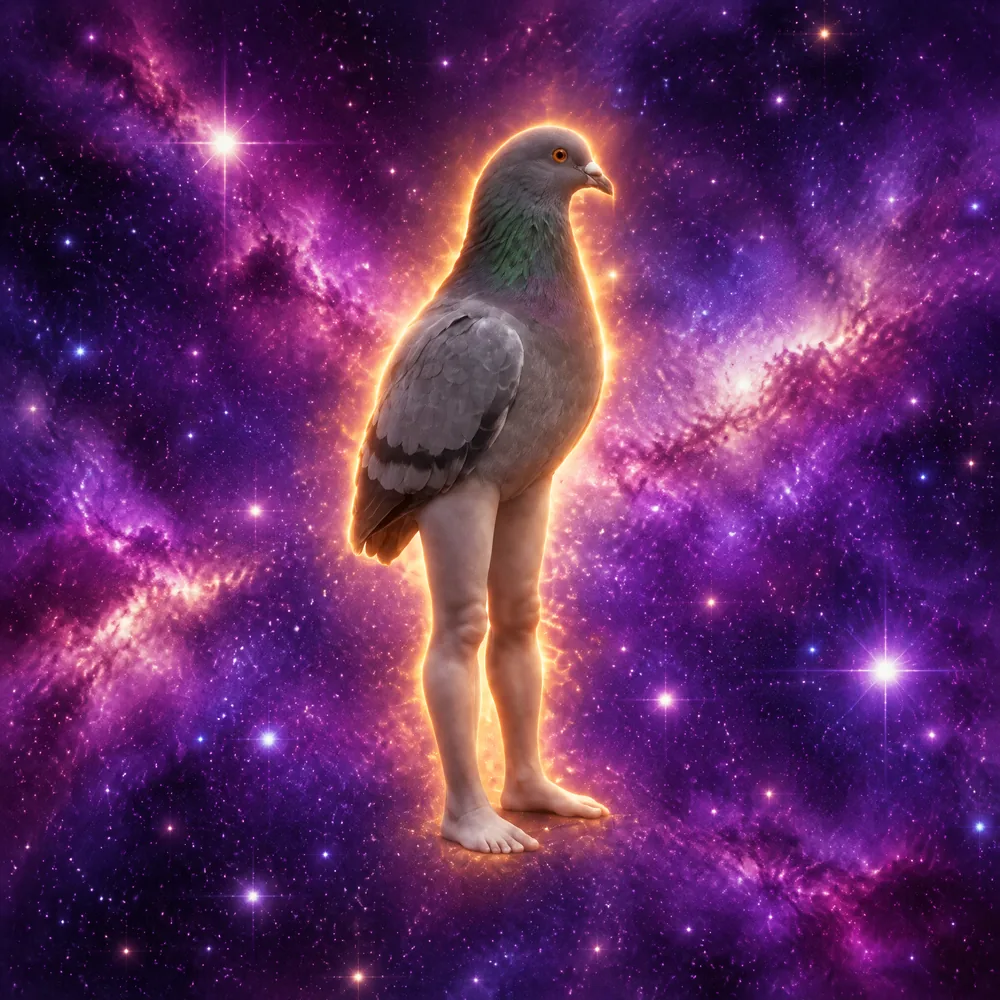 PIGION standing in a purple galaxy on human legs